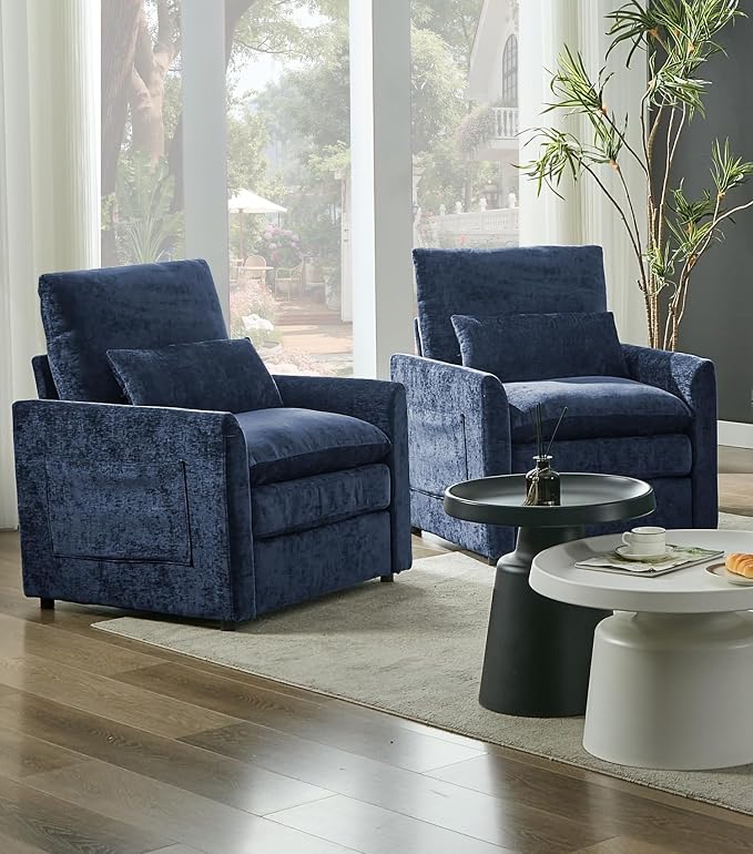 Iroomy Modern Accent Armchair – Cloud-Like Single Sofa with Pocket Spring Seat, Soft Chenille Fabric, Removable Cover, Cozy Lumbar Support for Living Room, Bedroom, Apartment, Blue
