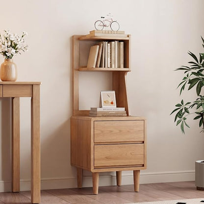 Solid Wood Bookshelf with Drawers,Narrow bookcase with Storage Shelves,Tall Nightstand with Drawers,Mid Century Modern Nightstand,Open Shelf Bookcase,Small Book Shelf for Bedroom,Living Room,Offices