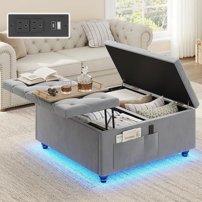 Dnxao Large Square Storage Ottoman with Lift Top,Tufted Velvet Ottoman Coffee Table with Charging Station and LED Lights,Multi-Functional Footrest with Storage Pockets & Tray for Living Room,Gray