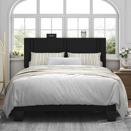 Feonase Full Size Platform Bed Frame, Fabric Upholstered Full Bed Frame, Solid Wood Slats & Heavy Duty Feet Support, No Box Spring Needed, Noise-Free, Easy Assembly, Black