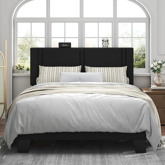 Feonase Full Size Platform Bed Frame, Fabric Upholstered Full Bed Frame, Solid Wood Slats & Heavy Duty Feet Support, No Box Spring Needed, Noise-Free, Easy Assembly, Black