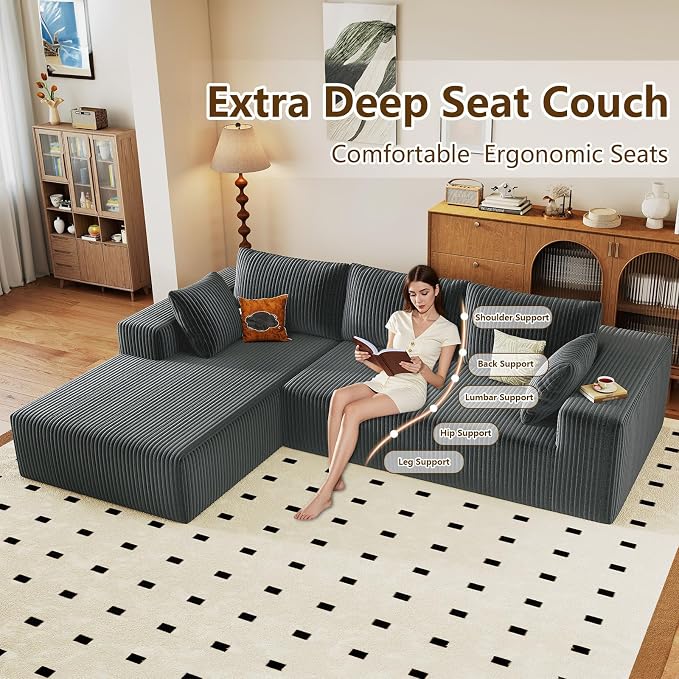 96" Modular Sectional Couch, Boneless L Shaped Cloud Sofa with Chaise Lounge, Corduroy Upholstered Couches Memory Foam Deep Seat, No Assembly Required, Ideal for Living Room(Dark Gray, Left Facing)