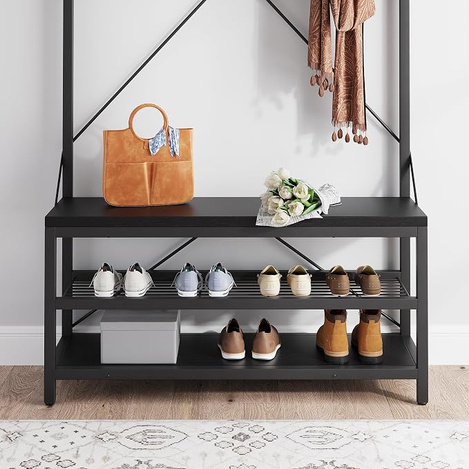 IDEALHOUSE Industrial Hall Tree with Bench and Shoe Storage, 3-in-1 Entryway Mudroom Organizer with 8 Coat Hooks, Heavy Duty Standing Clothes Rack for Hallway, Black