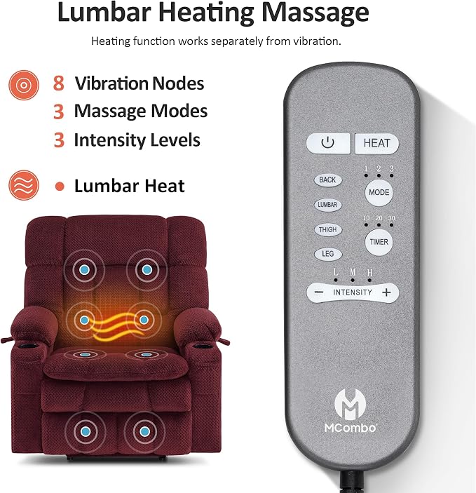 MCombo Extra Wide Dual Motor Power Lift Recliner Chair for Elderly, Zero Gravity Lift Chair with Heat and Massage, Infinite Position Recliners, USB Ports, Fabric R7897 (Burgundy, Medium-Wide)