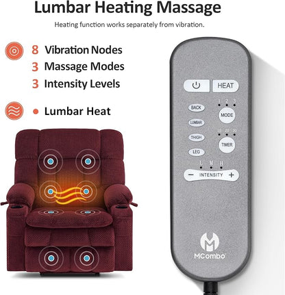 MCombo Extra Wide Dual Motor Power Lift Recliner Chair for Elderly, Zero Gravity Lift Chair with Heat and Massage, Infinite Position Recliners, USB Ports, Fabric R7897 (Burgundy, Medium-Wide)