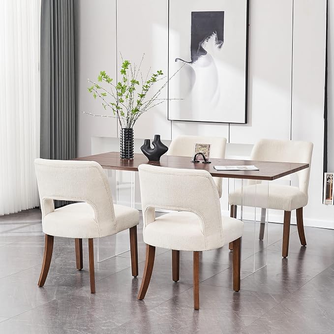 VKNOW Wooden Dining Chairs Set of 4, Modern Fabric Upholstered Dining Room Chair Kitchen Chairs, Farmhouse Dinner Chair for Kitchen Dining Room, Cream