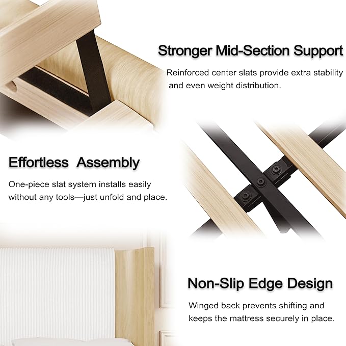 Full Size Upholstered Platform Bed Frame with Wingback Headboard, Motion-Sensing LED Lights, Sturdy Slats, Mattress-Lock Footboard, PU Leather,No Box Spring Needed, Easy Assembly, Whitewashed Oak