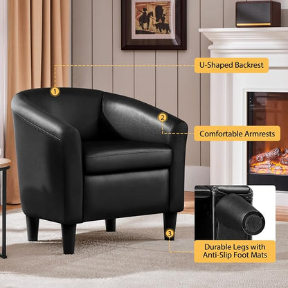 Topeakmart Faux Leather Club Chair, Modern Accent Chair and Cozy Barrel Armchair with Sturdy Legs for Living Room Bedroom Reception Room, Black