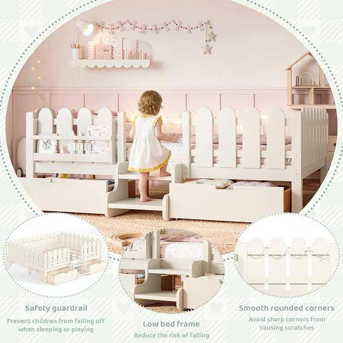Bellemave Queen Kids Montessori Bed with Stairs, Bookshelf and LED Lights, Solid Wood Kids Bed Frame with Storage Drawers for Boys Girls, Low Profile,Beige