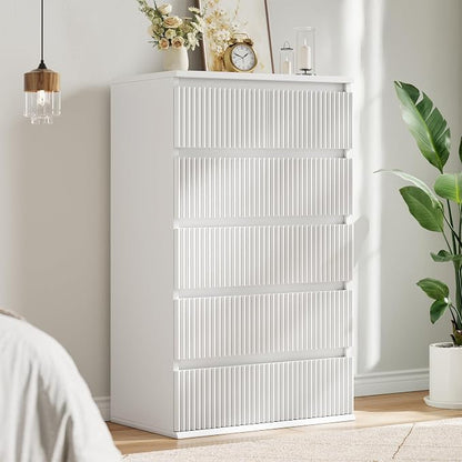 Jocoevol Fluted 6 Drawer Dresser for Bedroom, Modern Wood Chest of Drawers, Tall Storage Dresser with Deep Drawers, Handleless Floor-Standing Dresser for Bedroom, Living Room, Entryway, White
