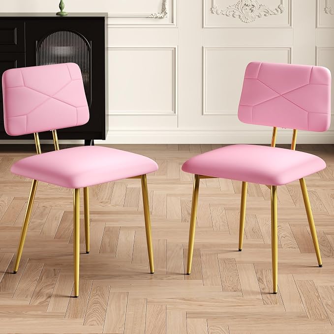 VECELO Dining Chairs Set of 2, Modern Upholstered Kitchen Chairs with Faux Leather Cushion Seat & Metal Legs for Kitchen, Living Room, Tufted Backrest Design, Pink