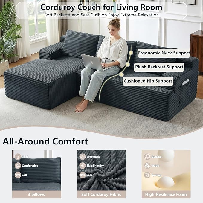 96" Cloud Sectional Couch with L-Shape Chaise, Modular Comfy Sofa Chaise Longue, Upholstered Corduroy Couches Sleeper with Deep Seat for Living Room Bedroom, No Assembly Required(Grey, Left Facing)