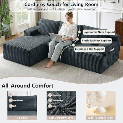 96" Cloud Sectional Couch with L-Shape Chaise, Modular Comfy Sofa Chaise Longue, Upholstered Corduroy Couches Sleeper with Deep Seat for Living Room Bedroom, No Assembly Required(Grey, Left Facing)