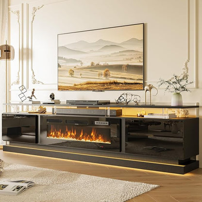 80" Fireplace TV Stand, Modern Entertainment Center for TVs Up to 90", TV Console with Storage Cabinets, Media Console for Living Room, WI-FI Enabled Black TV Stand and Black Fireplace