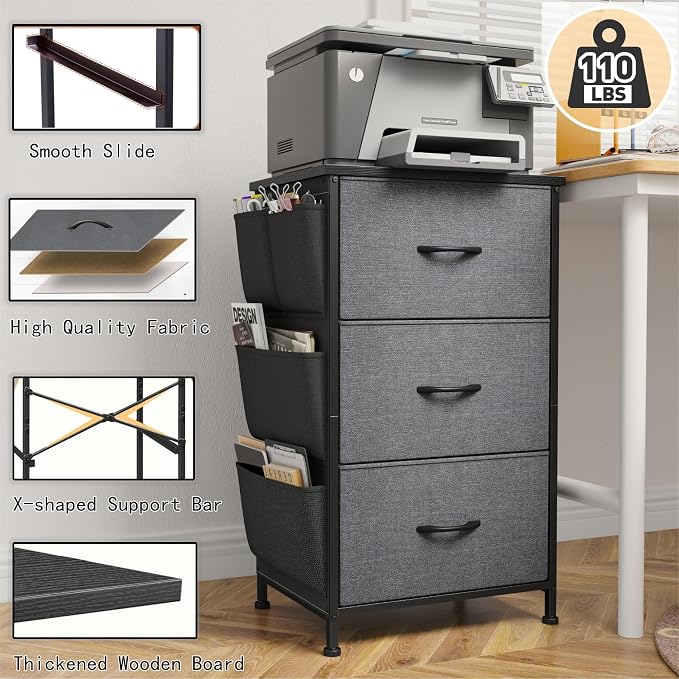Night Stand Set 2, Nightstand with Drawers for Bedroom, Bedside Table with Wooden Top, Sturdy Steel Frame End Table, Dorm Nightstand for Bedroom, Entryway, Hallway, Closet, Cloth Bags, Hooks, Grey