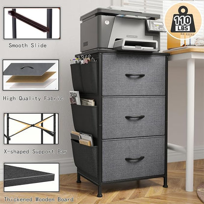 Night Stand Set 2, Nightstand with Drawers for Bedroom, Bedside Table with Wooden Top, Sturdy Steel Frame End Table, Dorm Nightstand for Bedroom, Entryway, Hallway, Closet, Cloth Bags, Hooks, Grey