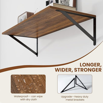 Heimlove 12 Inch Deep Floating Shelves for Wall, 28W x 12D Wood Wall Shelves Set of 2, Walnut Wide Floating Bookshelf for Living Room, Kitchen, Office, Bedroom, with Black Metal Bracke - Walnut