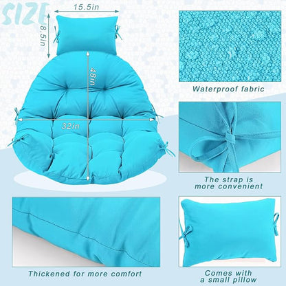 Tudomro Waterproof Egg Chair Cushion with Pillow Filling 2.58 kg Replacement Rocking Wicker Chair Cushion 48" x 32" High Back Hanging Swing Hammock Pad Thicken for Outdoor Patio Garden(Lake Blue)