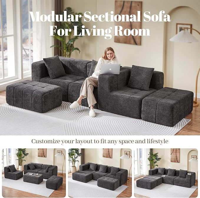 Modular Sectional Sofa with Deep Seat, 98'' Seater Boneless Cloud Couch No Assembly Required, Modern Plush Corduroy Cloud Couches for Living Room & Apartment (3 Seat w/ 2 Ottoman), Grey