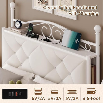 Full Upholstered Canopy Bed Frame with 2 Drawers & Crystal Tufted Storage Headboard Metal Platform Bed with Charging Station & 4 Removable Posts No Box Spring Needed Curtain Not Included, Beige