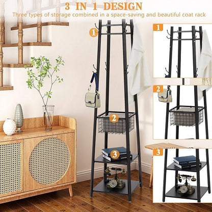 VECELO Coat Rack Freestanding,Hall Tree with Metal Basket and Storage Shelves,Industrial Coat Rack Stand with 8 Hooks for Hanging Coats/Hats/Bags/Umbrellas,18 x 18 x 72 In,Matte Black