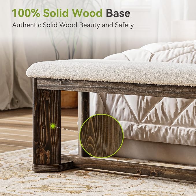 LITTLE TREE 63" Upholstered Bench, Solid Wood Entryway Shoe Bench with Cushion, Long Modern Farmhouse End of Bed Bench with Antique Brown Legs & Faux Lamb Fur Seat for Bedroom, Living Room, Dining