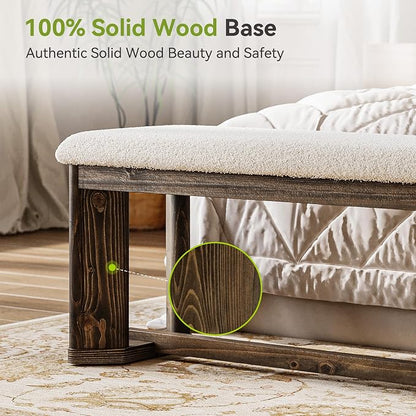 LITTLE TREE 63" Upholstered Bench, Solid Wood Entryway Shoe Bench with Cushion, Long Modern Farmhouse End of Bed Bench with Antique Brown Legs & Faux Lamb Fur Seat for Bedroom, Living Room, Dining