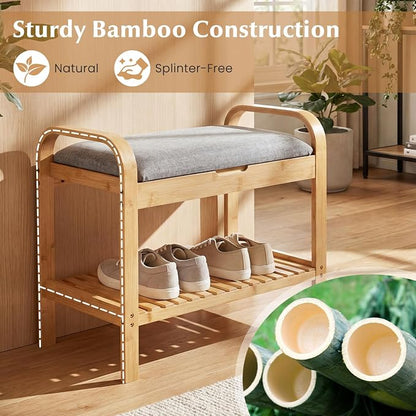 Giantex Small Entryway Bench with Storage, 2-Tier Bamboo Shoe Rack Bench with Flip Top Storage Space and Padded Cushion, Shoe Organizer for Entryway, Living Room, Hallway, Bedroom,Natural