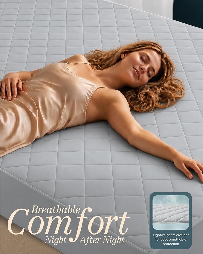 Quilted Fitted Mattress Pad, Queen Mattress Protector Topper with Deep Pocket Stretches up to 16 Inches, Machine Washable Mattress Cover by Utopia Bedding (Light Grey)