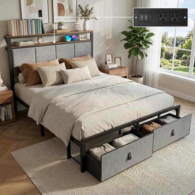 Upholstered Queen Bed Frame with 2-Tier Storage Headboard, Metal Platform Bed with Charging Station, Queen Size Bed Frame with 2 Under Bed Storage Drawers, No Box Spring Needed, Noise-Free