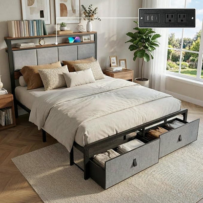 Upholstered Queen Bed Frame with 2-Tier Storage Headboard, Metal Platform Bed with Charging Station, Queen Size Bed Frame with 2 Under Bed Storage Drawers, No Box Spring Needed, Noise-Free