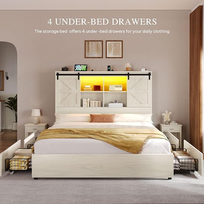 YITAHOME Farmhouse Queen Size Bed with 50" Tall Storage Bookcase Headboard, Sliding Barn Door, 4 Storage Drawers, RGB LED Bed Frame w/Type-C&USB Charging Station, No Box Spring Needed, Antique White