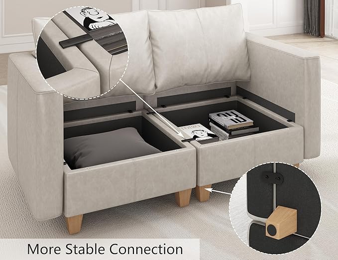 EASE MOOSE Faux Leather Sectional, Modular Sectional Sofa with Storage, Leather Couch U Shaped Couches for Living Room, Whitesand