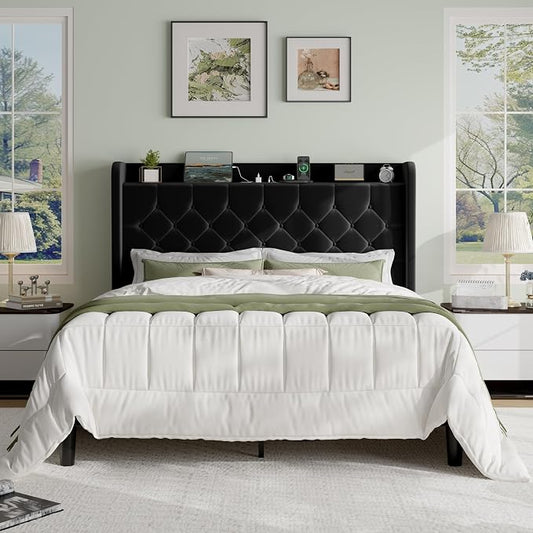 SHA CERLIN Full Size Platform Bed Frame with Charging Station, Velvet Wingback Headboard with Storage Shelf, Wooden Slats Support, Ample Under-Bed Space, No Box Spring Needed, Easy Assembly, Black