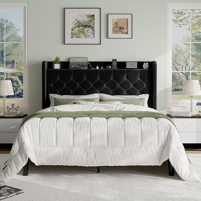 SHA CERLIN Queen Size Platform Bed Frame with Charging Station, Velvet Wingback Headboard with Storage Shelf, Wooden Slats Support, Ample Under-Bed Space, No Box Spring Needed, Easy Assembly, Black