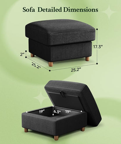 Welzona 25.2" Couches for Living Room, Comfy Black Ottoman with Storage, Foot Rest Tool-Free Setup, Small Ottoman Foot Rest for Couch, Corduroy Couch for Bedroom, Apartment, Office