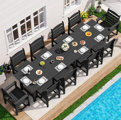 SERWALL Outdoor Dining Sets for 10, HDPE Dining Set with 2 Tables, 8 Armless Chairs and 2 Armed Dining Chairs, Black