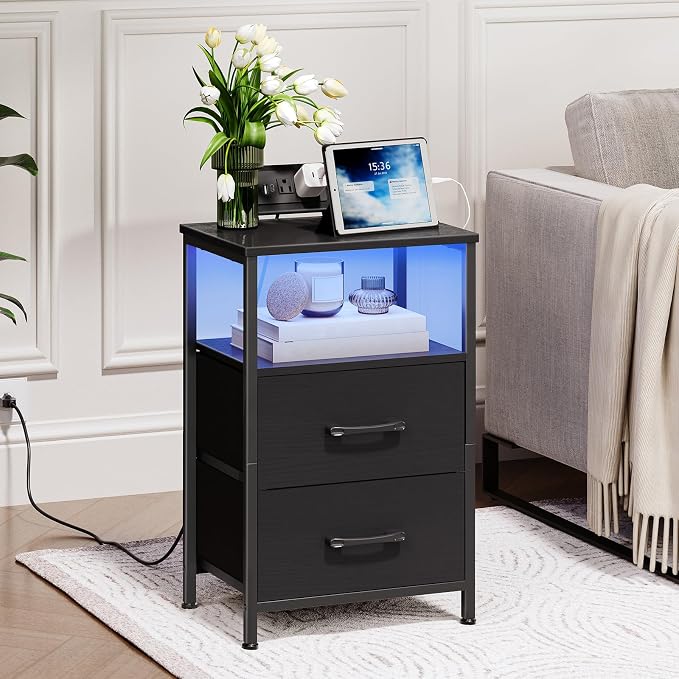 HOOBRO Nightstand with Charging Station, Bedside Table with LED Lights and 2 Fabric Drawers, End Table with 2 AC Outlets and USB Port, Small Night Stand for Bedroom, Black BB118UDBZ01