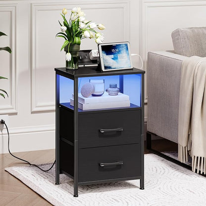 HOOBRO Nightstand with Charging Station, Bedside Table with LED Lights and 2 Fabric Drawers, End Table with 2 AC Outlets and USB Port, Small Night Stand for Bedroom, Black BB118UDBZ01