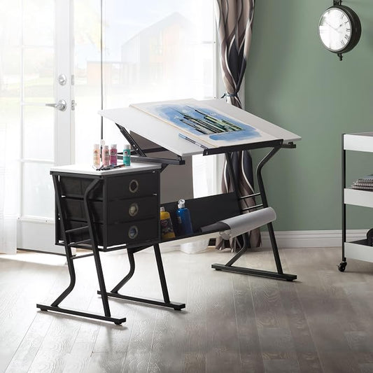 2 Piece Eclipse Ultra Center/Drawing Table with Stool, Angle Adjustable Top, Storage Shelves, and Drawers
