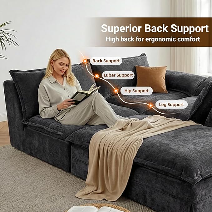 Claiks 123" Modular Boneless Couch, L Shaped Couch for Living Room, Modern Deep Seat Sofa 3 Seater Chenille Fabric Comfy Cloud Couches with Movable Ottoman, Dark Grey