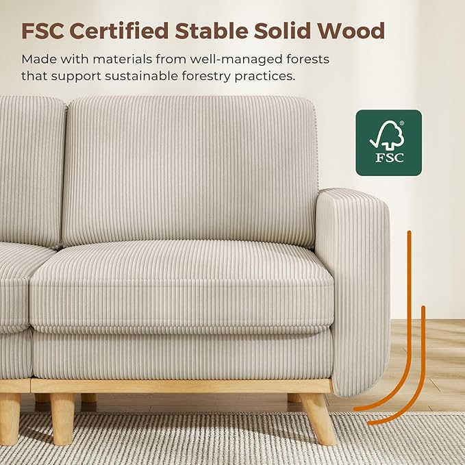 L-Shaped Sectional Sofa, 3-Seater Convertible Couch with Ottoman, FSC Certified Solid Wood Frame, Spring Cushions, Curved Armrests, Comfort Corduroy Sofa for Living Room, Apartment, Office, Light Gray