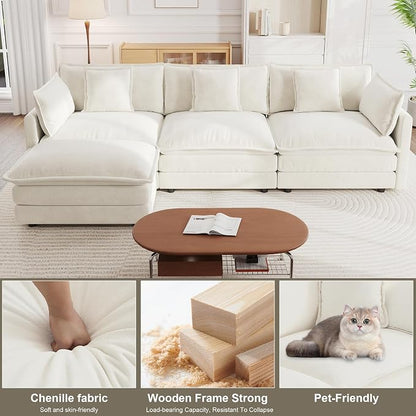 111.5" Modular Sectional Sofa, Large L Shaped Sectionals Cloud Couch, Big Comfy 3-Seat Couch with Ottoman, 4 Seater Chenille Sectional Sofa with Deep Seat and 5 Pillows for Living Room- Beige