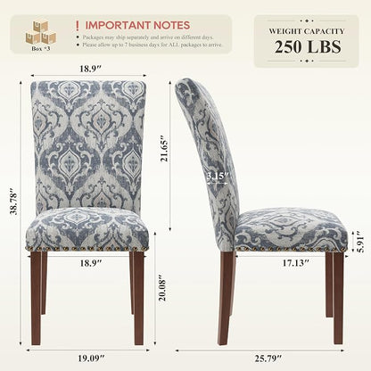 COLAMY Upholstered Parsons Dining Chairs Set of 6, Fabric Dining Room Kitchen Side Chair with Nailhead Trim and Wood Legs - Blue/White Flower