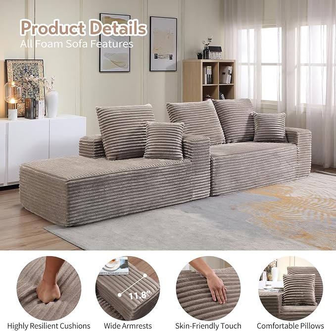 107.5" W Modular Sectional Sofa, Upholstered Corduroy Cloud Couch with Deep Seat, Modern 3-Seater L-Shaped Sofa for Living Room, No Assembly Required (Camel, Left-Facing Chaise)