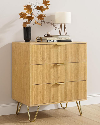 Oak Dresser for Bedroom, Modern Fluted 3 Drawer Dresser with Storage, Dresser Chest of Drawers with Gold Handles for Bedroom, Living Room, Closet, Hallway, 15.8" D x 23.6" W x 27.6" H