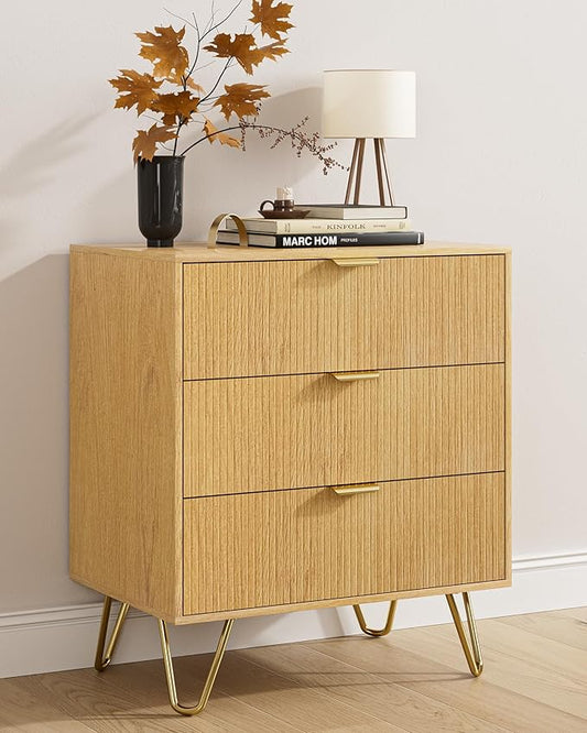 Oak Dresser for Bedroom, Modern Fluted 3 Drawer Dresser with Storage, Dresser Chest of Drawers with Gold Handles for Bedroom, Living Room, Closet, Hallway, 15.8" D x 23.6" W x 27.6" H