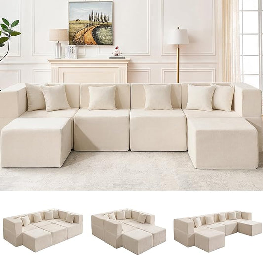 MONVANE 130'' Modular Sectional Cloud Couch for Living Room, 6 Seater Convertible Chenille Couches Set with Ottoman & Pillow, No Assembly Compression Sofas, Comfy Floor Sofa with Memory Foam, Beige