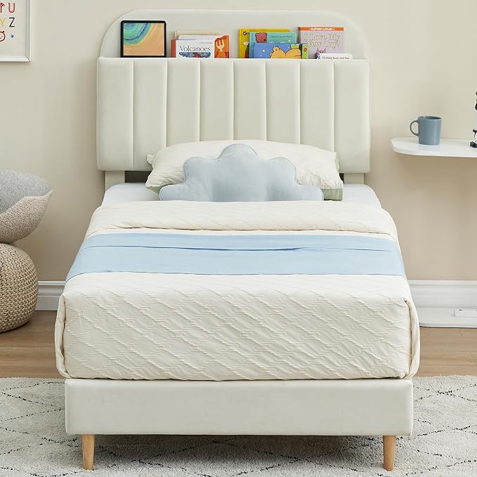GarveeHome Full Bed Frame with Storage Headboard, Velvet Upholstered Platform Bedframe for Kids, Girl Bed, Strong Wooden Slats, Noise-Free, Easy Assembly, No Box Spring Needed, Beige