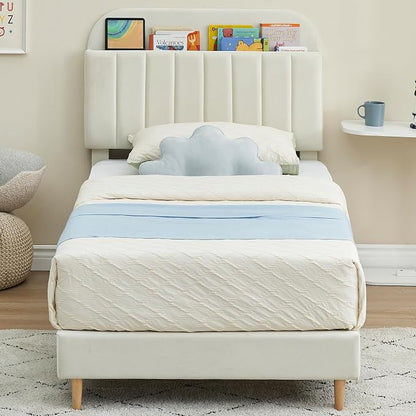 GarveeHome Full Bed Frame with Storage Headboard, Velvet Upholstered Platform Bedframe for Kids, Girl Bed, Strong Wooden Slats, Noise-Free, Easy Assembly, No Box Spring Needed, Beige